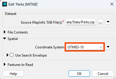 Setting a coordinate system in the reader parameters dialog